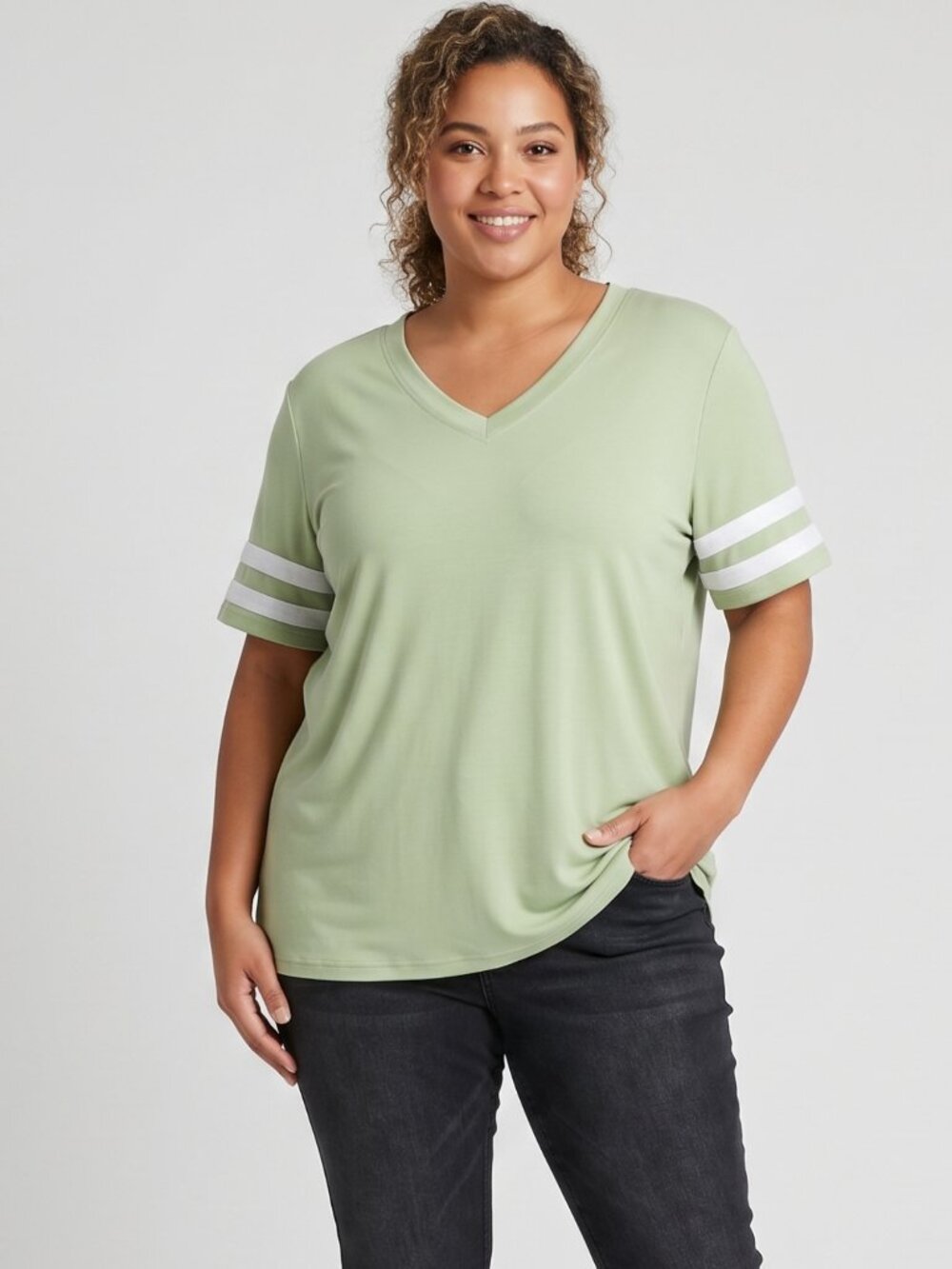 NWOT | Light Green Varsity Stripe Short Sleeve V-Neck Baseball Style Tee | 2XL